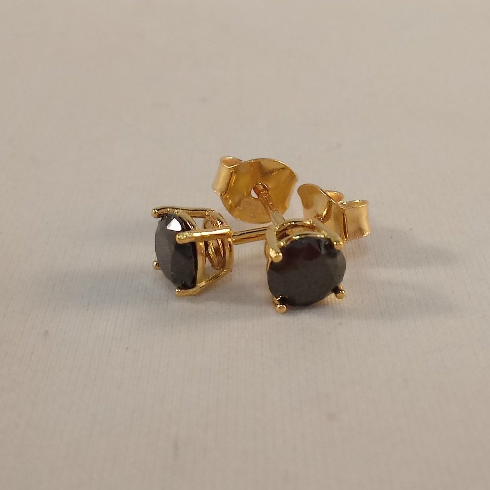 925 Sterling Silver 10K Yellow Gold Black Onyx Diamond Zircon Stud Earrings 5mm